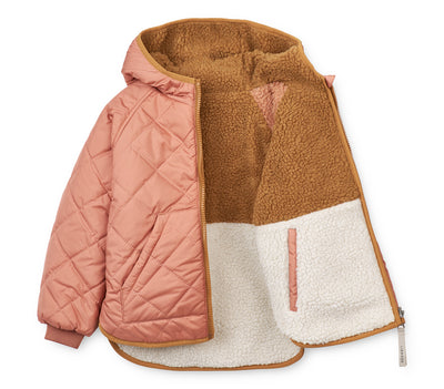 Aufgeklappte Wendejacke Jackson, Außen rose und innen weiß/brauner Kuschelfleece